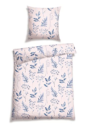 Schiesser Bettwäsche-Set Aimee aus weicher Baumwolle in filigranem Botanik-Print auf zartem Rosa, Farbe:Rosa und Blau, Größe:135 x 200 cm + 80 x 80 cm von Schiesser