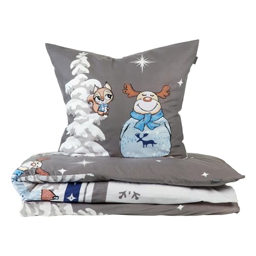 Schiesser Feinbiber Bettwäsche Set Kitta mit coolem Winter-Print, Farbe:Grau und Hellblau, Größe:135 cm x 200 cm von Schiesser