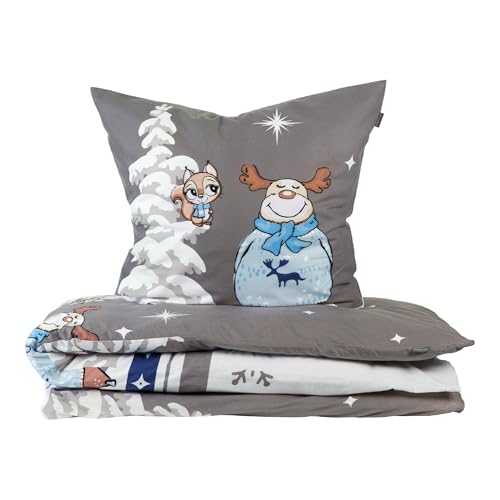 Schiesser Feinbiber Bettwäsche Set Kitta mit coolem Winter-Print, Farbe:Grau und Hellblau, Größe:135 cm x 200 cm von Schiesser