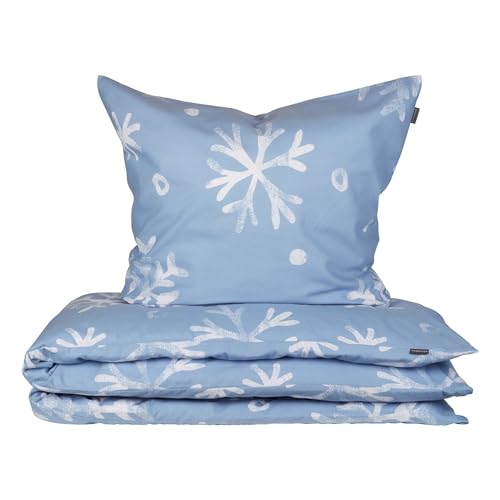 Schiesser Winter Bettwäsche Set Skadi mit weißen Schneeflocken auf superweichem Feinbiber, Farbe:Blau, Größe:135 cm x 200 cm von Schiesser