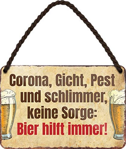 WOGEKA ART Retro Blechschild - Corona, Gicht, Pest - Bier hilft immer - witziger Spruch Geschenk-Idee Geburtstag Weihnachten Dekoration 18x12 cm Vintage-Design Hänge-Schild HS536 von WOGEKA ART