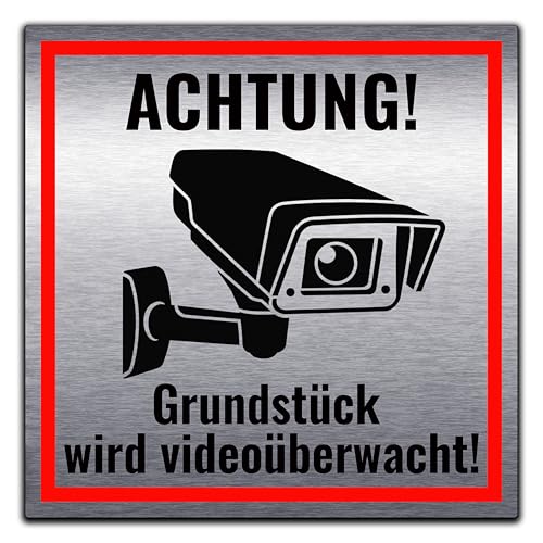 Schild Achtung! Grundstück wird Videoüberwacht Warnschild - Silber gebürstet - Videoüberwachung Hinweisschild aus Aluminiumverbund, 24 Stunden Kameraüberwachung v3.1 (Silber gebürstet, 20x20 cm) von SchilderBahn