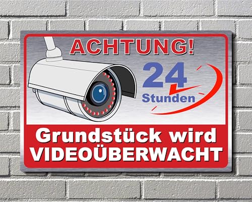 Schild Achtung! Grundstück wird Videoüberwacht Warnschild - Silber gebürstet - Videoüberwachung Hinweisschild aus Aluminiumverbund, 24 Stunden Kameraüberwachung v8 (Silber gebürstet, 22,5x15 cm) von SchilderBahn