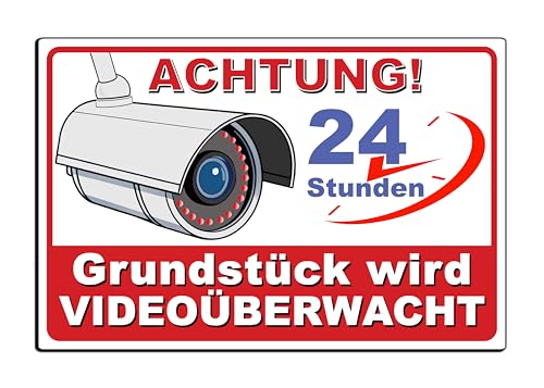 Schild Achtung! Grundstück wird Videoüberwacht Warnschild - Videoüberwachung Hinweisschild, 24 Stunden Kameraüberwachung, 24/7 Überwachung v8 (PVC Hart, 22,5x15 cm) von SchilderBahn