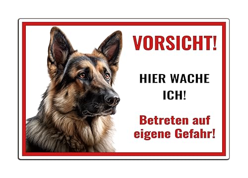 Schild Deutsche Schäferhund Vorsicht Hier wache ich - Betreten auf eigene Gefahr! - Achtung - Hundeschild Warnschild- - Warnung vor dem Hund - M3 (PVC Hartschaum Weiß, 30x20 cm) von SchilderBahn