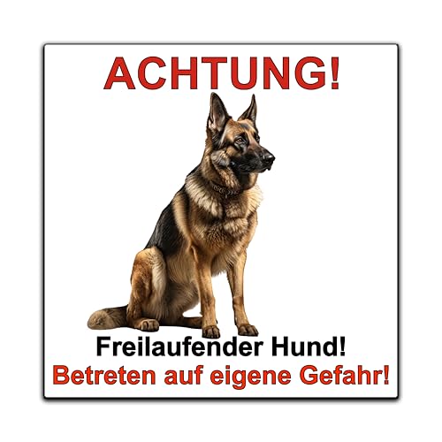Schild Hund - Hundeschild Achtung Freilaufender Hund - Betreten auf eigene Gefahr! Warnung - Warnschild aus Kunststoff - Warnung vor dem Hund - Deutsche Schäferhund (SQ2) (Weiß, 15x15 cm) von SchilderBahn