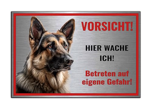 Schild Hundeschild Vorsicht Hier wache ich - Betreten auf eigene Gefahr! Achtung - Warnschild Silber gebürstet - Warnung vor dem Hund - Deutsche Schäferhund M3 (Silber, 22,5x15 cm) von SchilderBahn