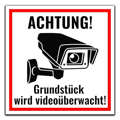 Schild Videoüberwachung - Achtung! Grundstück wird Videoüberwacht Warnschild - Hinweisschild, Schilder 24 Stunden Kameraüberwachung, 24/7 Überwachung v2 (Aluverbund Weiß, 15x15 cm) von SchilderBahn