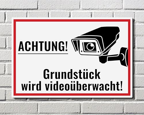 Schild Videoüberwachung - Achtung! Grundstück wird Videoüberwacht Warnschild - Hinweisschild, Schilder 24 Stunden Kameraüberwachung, 24/7 Überwachung v2 (Aluverbund Weiß, 22,5x15 cm) von SchilderBahn
