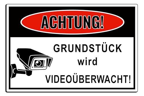Schild Videoüberwachung - Achtung! Grundstück wird Videoüberwacht Warnschild - Hinweisschild, Schilder 24 Stunden Kameraüberwachung, 24/7 Überwachung v5 (PVC Hartschaum Weiß, 22,5x15 cm) von SchilderBahn