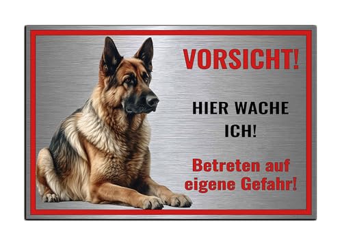 Schild Vorsicht Hier wache ich - Betreten auf eigene Gefahr! Achtung - Hundeschild Warnschild - Warnung vor dem Hund - Deutsche Schäferhund M4 (Silber gebürstet, 30x20 cm) von SchilderBahn