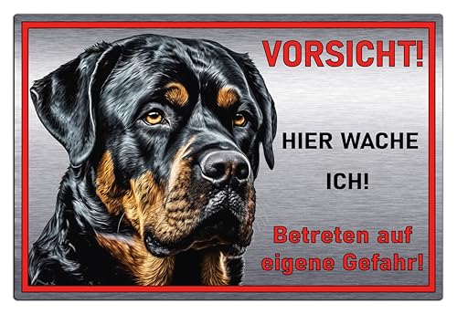 Schild Rottweiler Vorsicht Hier wache ich - Betreten auf eigene Gefahr! - Achtung - Hundeschild Warnschild- - Warnung vor dem Hund - Aluminium Verbund in Edelstahl Optik - 30x20 cm - M3 von SchilderBahn
