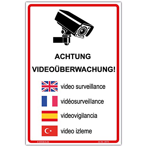 Aufkleber "Achtung Videoüberwachung - 5 sprachig" PVC Vinylaufkleber 600x400 mm Hochformat von Schilderio