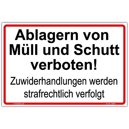 Schild Ablagern von Müll und Schutt verboten, Zuwiderhandlungen Hinweisschild 450x300mm Querformat, stabile Aluminiumverbundplatte 3mm stark, inkl. 4 Eckbohrungen Schild Ablagern von Müll und Schutt verboten, Zuwiderhandlungen Hinweisschild 450x300mm Querformat, stabile Aluminiumverbundplatte 3mm stark, inkl. 4 Eckbohrungen von Schilderio