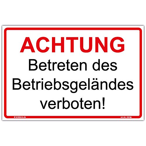 Schild "Achtung Betreten des Betriebsgeländes verboten" Hinweisschild 300x200 mm Querformat, stabile Aluminiumverbundplatte 3mm stark - inkl. 4 Eckbohrungen Schild "Achtung Betreten des Betriebsgeländes verboten" Hinweisschild 300x200 mm Querformat, stabile Aluminiumverbundplatte 3mm stark - inkl. 4 Eckbohrungen von Schilderio