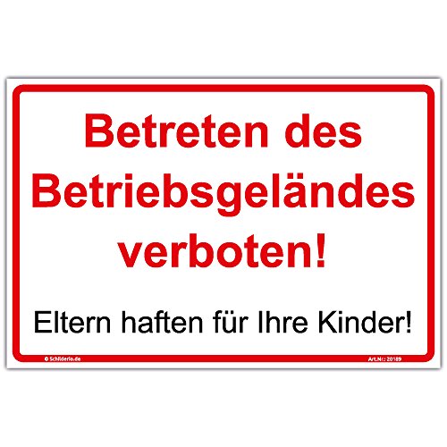 Schild "Betreten des Betriebsgeländes verboten - Eltern haften für Ihre Kinder" Hinweisschild 600x400 mm Querformat, stabile Aluminiumverbundplatte 3mm stark - inkl. 4 Eckbohrungen Schild "Betreten des Betriebsgeländes verboten - Eltern haften für Ihre Kinder" Hinweisschild 600x400 mm Querformat, stabile Aluminiumverbundplatte 3mm stark - inkl. 4 Eckbohrungen von Schilderio