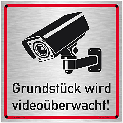 Schilderio Grundstück wird videoüberwacht Schild (20x20 cm Alu Verbund) Warnschild Hinweisschild zur Kennzeichnung einer Kamera Überwachung, 3mm Alu VB gebürstet, inkl. Bohrlöcher von Schilderio