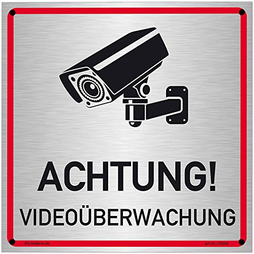 Schilderio Achtung Videoüberwachung Schild (20x20 cm Alu Verbund) videoüberwacht Warnschild Hinweisschild zur Kennzeichnung einer Kamera Überwachung, 3mm Alu inklusive Bohrlöcher und Montagekit von Schilderio