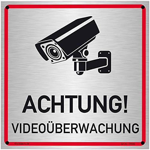 Schilderio Achtung Videoüberwachung Schild (20x20 cm Alu Verbund) videoüberwacht Warnschild Hinweisschild zur Kennzeichnung einer Kamera Überwachung, 3mm Aluminiumverbund gebürstet, inkl. Bohrlöcher von Schilderio