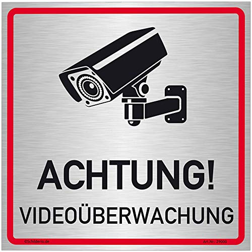 Schilderio Achtung Videoüberwachung Schild (20x20 cm Alu Verbund) videoüberwacht Warnschild Hinweisschild zur Kennzeichnung einer Kamera Überwachung nach BDSG/DSGVO, 3mm Aluminiumverbund gebürstet von Schilderio