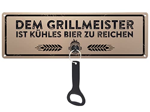 Schild mit Flaschenöffner - Dem Grillmeister ist kühles Bier zu reichen - Metallschild mit Öffner für Männer Kollegen Partydeko Grill Terrasse Balkon Grillecke Mitbringsel Geschenk von Schilderkönig