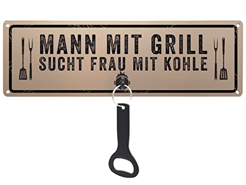 Schild mit Flaschenöffner - Mann mit Grill sucht Frau mit Kohle - Metallschild mit Öffner für Kumpel Single Männer Kollegen lustige Partydeko Grillsaison retro Terrasse Balkon Grillecke Mitbringsel von Schilderkönig