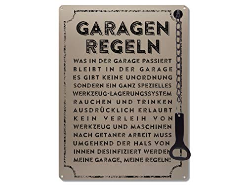 Schilderkönig Metallschild mit Flaschenöffner 300x220mm - Garagenregeln - lustiges Schild als Geschenk für Freunde Deko für Werkstatt, Garage, Keller, von Schilderkönig