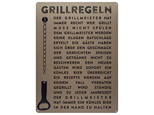 Schilderkönig Metallschild mit Flaschenöffner 300x220mm - Grillregeln - Schild für den Grill Terrasse Balkon Grillecke oder Grillparty von Schilderkönig