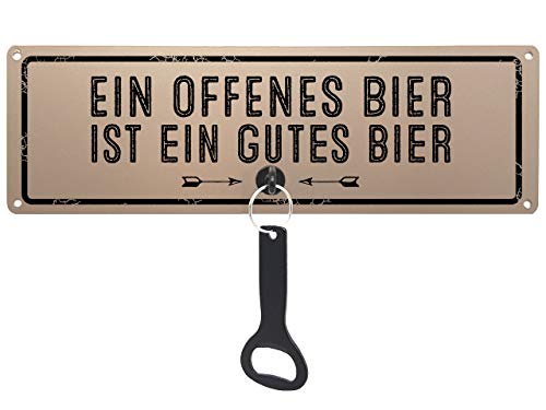 Schilderkönig Metallschild mit Flaschenöffner - Ein offenes Bier ist ein gutes Bier - lustiges Schild für Partykeller, Thekenschild, Bierzelt, Biergarten, Gartenparty von Schilderkönig