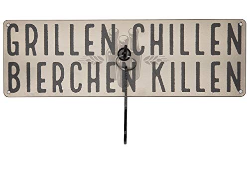 Schilderkönig Metallschild mit Flaschenöffner - Grillen Chillen Bierchen Killen - Schild mit Bieröffner als Deko für die Grillecke, Grillschild oder Grillparty von Schilderkönig