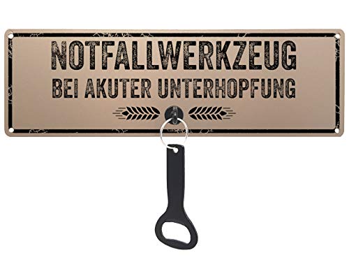 Schilderkönig Metallschild mit Flaschenöffner - Notfallwerkzeug bei akuter Unterhopfung - wetterfestes Blechschild für Garten, Garage, Grillecke, Biergarten oder Küche von Schilderkönig