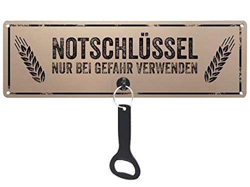 Schilderkönig Metallschild mit Flaschenöffner - Notschlüssel - lustiges Bier-Schild mit Bieröffner für Werkstatt, Garage, Küche oder Garten, Bierverkostung von Schilderkönig