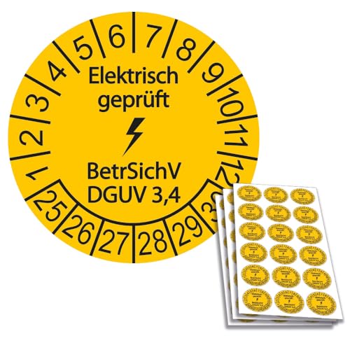 54 x VDE/Elektro-Check Prüfplaketten/Sicherheitsplaketten 20 mm Durchmesser mit untersch. Beschriftungen (54, Elektrisch geprüft - BetrSichV DGUV 3,4) von Schilderkröten