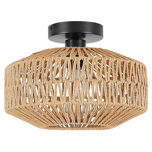 Deckenlampe KüChe,Boho Rattan Deckenleuchte KüChe E27 Vintage Lampe Lampenschirm Geflochten Rustikal Deckenlampe Vintage FüR Schlafzimmer Wohnzimmer Esszimmer Flur KüChe von Schindora