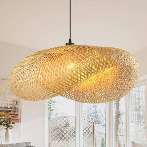 Retro Rattan Pendelleuchte Esstisch, 80 Cm Lampenschirm HäNgelampe, Handgewebter Hut Pendelleuchte Holz, KreativitäT Boho Lampe, FüR Restaurant, Teestube, Schlafzimmer, Wohnzimmer, Café, E27 von Schindora