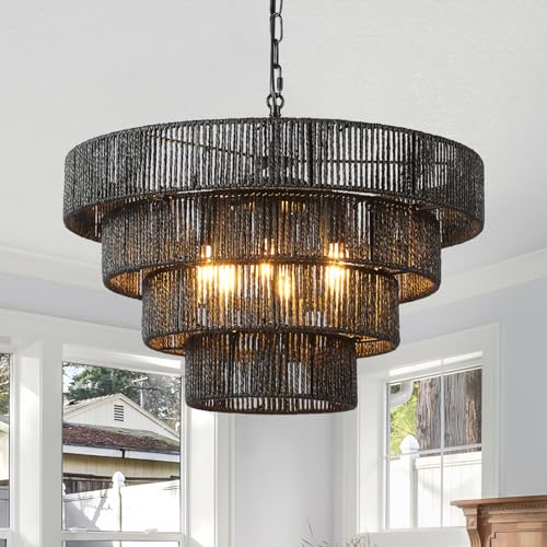 Schindora 50Cm Boho Pendelleuchte,Handgewebt Lampenschirm Rattan 6-Leichter HäNgelampe 4 Runde ÜBergangs-Rustikal GroßEr Lampenschirm HäNgelampe FüR Esstisch Wohnzimmer KüChe Schlafzimmer,Matt Schwarz von Schindora