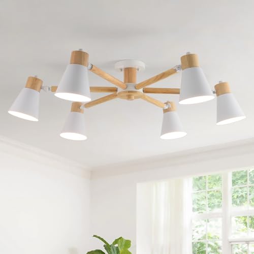 Schindora Deckenlampe Weiß 6-Lichter,Holz Und Eisen Deckenleuchte Esstisch Ø82Cm E27 KüChe Lampe Verstellbare Licht Arme Modern Lampe Wohnzimmer For Home Schlafzimmer Esszimmer von Schindora