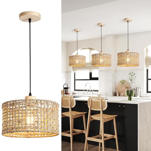Schindora Handgewebt Lampenschirm Rattan,30Cm 1-Licht NatüRliche HäNgelampe Lampen Boho Esstisch E27 Pendelleuchte FüR KüChe Schlafzimmer KüCheninsel Wohnzimmer von Schindora