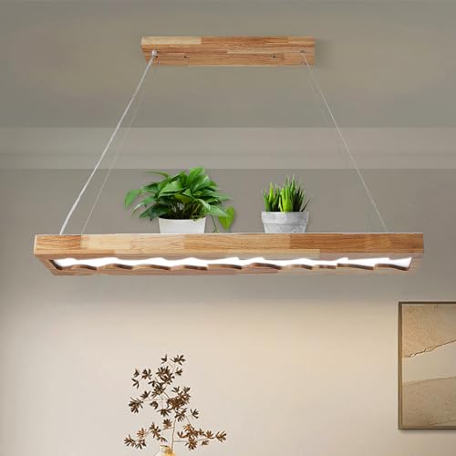 Schindora LED Pendelleuchte Esstisch Holz, Dimmbar KüChe HäNgelampe Mit Fernbedienung, 100 Cm, 40 W, Rustikale Vintage Lampe, 1,3 M HöHenverstellbar Wohnzimmerlampe FüR Esstisch, Wohnzimmer, Dekor von Schindora