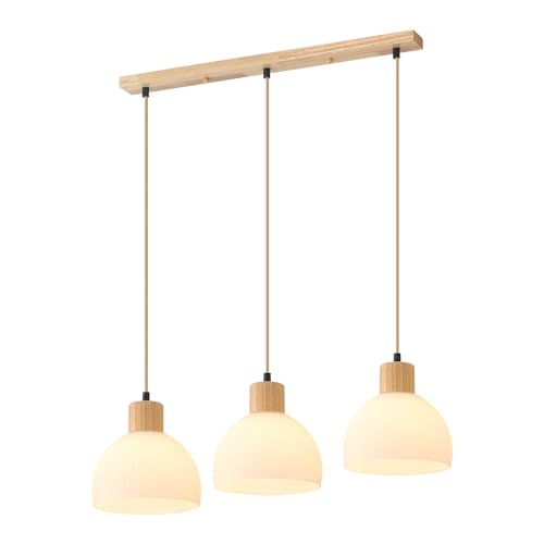 Schindora Pendelleuchte Esstisch 3-Flammig,Holz Und WeißEs Glas KüChe Lampe E27 HäNgelampe HöHeneinstellbar Wohnzimmerlampe FüR Wohnzimmer Schlafzimmer von Schindora