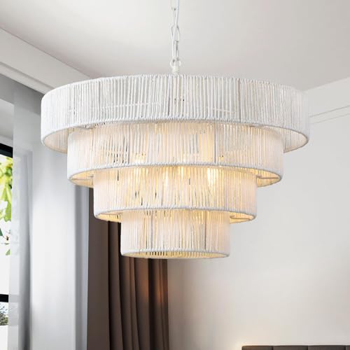 Schindora Rattan Lampe Boho,50Cm Pendelleuchte 6-Leichter Lampenschirm HäNgelampe Handgewebt 4 Runde ÜBergangs-Rustikal GroßEr HäNgelampe Deckenlampe FüR Esstisch Wohnzimmer KüChe Schlafzimmer,Weiß von Schindora
