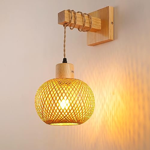 Wandleuchte Innen Boho Vintage Bambuslaterne Lampe,E27 Nylon-Seil Bambus Holz Und Metall Wandlampe Innen Kreativ Handgewebt Boho Lampe FüR Das Bad Wohnzimmer Schlafzimmer von Schindora