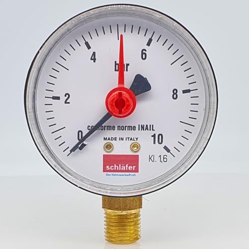 Schläfer 0930166 | Druckmessgerät für geschlossene Heizungsanlagen, Anzeigebereich: 0-10 bar, Anschluss von unten, Typ 1/4" , Manometer 4bar Ø 63 mm für Druckminderer, Genauigkeitsklasse: 1,6/100 von Schläfer