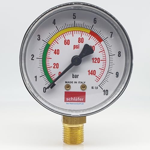 Schläfer 0930168 | Druckmessgerät für geschlossene Heizungsanlagen, Anzeigebereich: 0-10 bar, Anschluss von unten, Typ 1/4", Manometer 10bar Ø 63 mm Skala in bar und psi Gehäuse, klasse: 1,6/100 von Schläfer