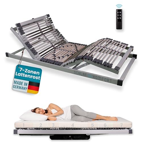 ErgoPlus elektrischer Lattenrost - Top Ergonomie - Made in Germany - 7 Zonen - Härteregulierung - orthopädisch - fertig montiert - Kopf- & Fußteil verstellbar mit Motor - Funkfernbedienung (80x220) von Schlaf Komfort