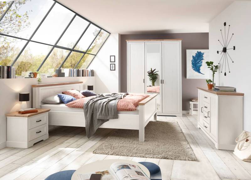 Schlafzimmer JASMIN 3-trg. Schrank und 140er Bett Pinie weiß Optik von SchlafKONTOR