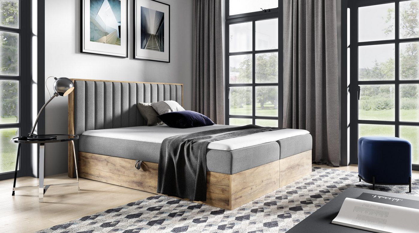 Schlaffabrik Boxspringbett WOOD 4 (Faro 4), inkl. Matratze, Topper, LED, Stauraum von Schlaffabrik