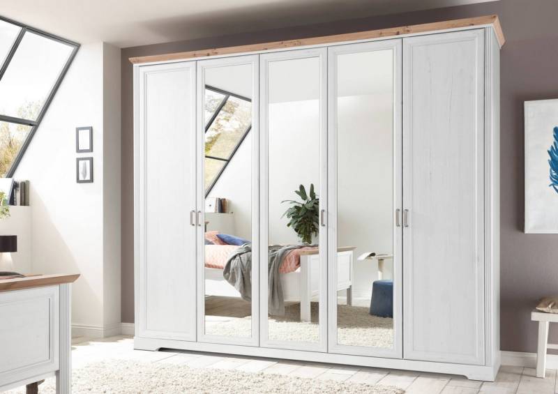 Schlafkontor Kleiderschrank Kleiderschrank JASMIN 5 Türen mit Spiegel Pinie weiß Nachbildung von Schlafkontor