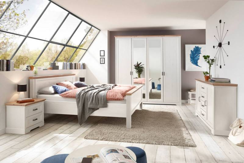 Schlafkontor Schlafzimmer-Set Schlafzimmer JASMIN mit 4-trg. Schrank und Doppelbett Pinie weiß Optik, (Komplett-Set, 5-tlg., Kleiderschrank, Doppelbett, 2x Nachtkommode, Sideboard) von Schlafkontor