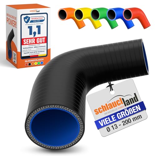 Reduzierbogen Silikon-Bogen 90° Grad ID-Ø 38-25mm schwarz 200°C | VIELE FARBEN + GRÖSSEN | Silikon-Schlauch Reduzierung Reduzierstück Ladeluft-Schlauch Kühlmittel Adapter flexibel Rohr ohne Aufdruckl von Schlauchland